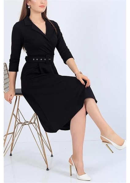 Dipmoda kadını gömlek yaka kemerli örme elbise DP0016