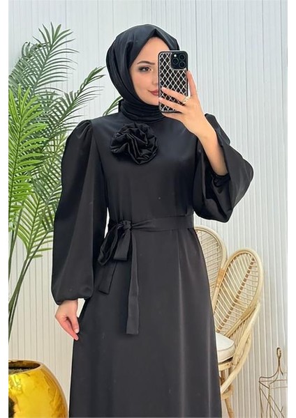 Dipmoda kadın saten gül detaylı tesettür elbise NMS038