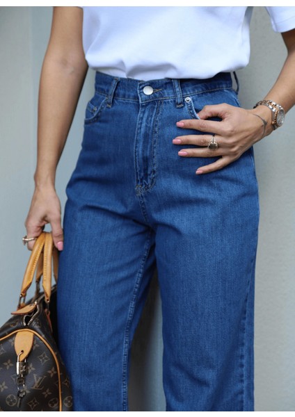 Lacivert Yıkamalı Bel Bağcık Detay Jean Pantalon