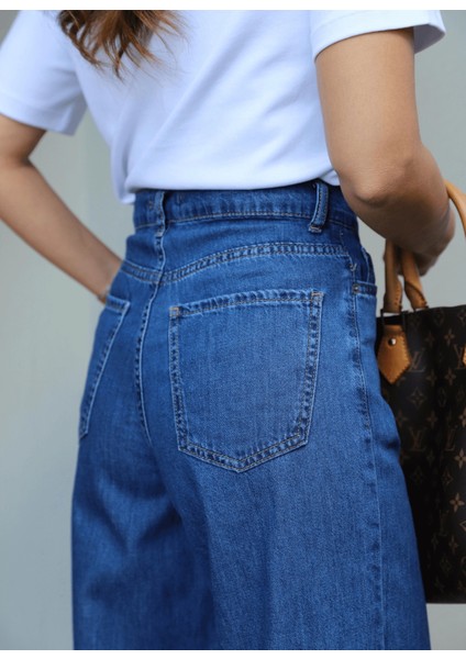 Lacivert Yıkamalı Bel Bağcık Detay Jean Pantalon