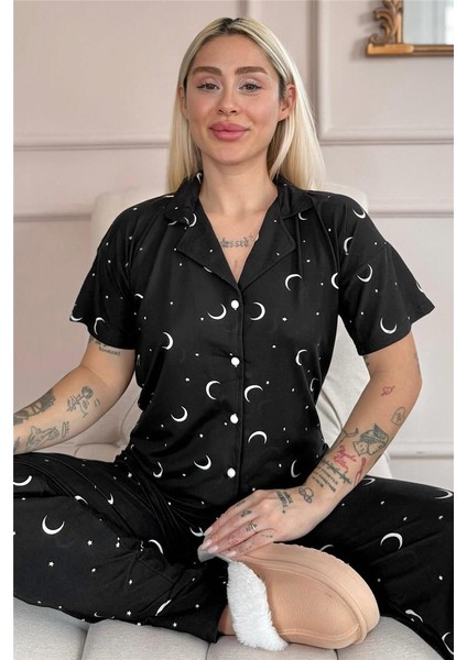 Siyah Twilight Glow Desenli Bambu Önden Düğmeli Kısa Kol Pijama Takımı