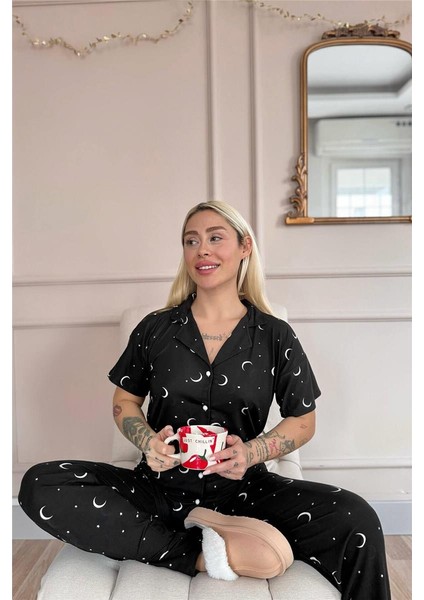 Siyah Twilight Glow Desenli Bambu Önden Düğmeli Kısa Kol Pijama Takımı