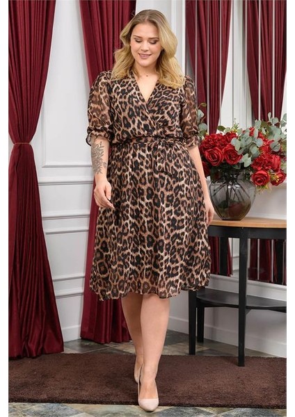 Dipmoda kadın yeni sezon leopar desenli büyük beden şifon elbise RY80622