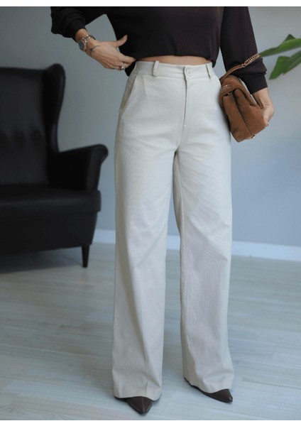 Beige Yüksek Bel Gabardin Pantolon