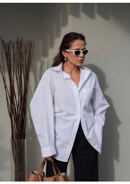 Beyaz Kol Detay Oversize Gömlek modelleri