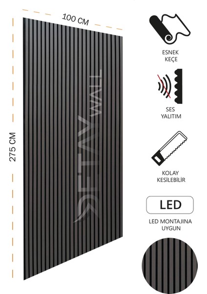 Mdf Ahşap Akustik Duvar Paneli - 100 x 275 cm - Antrasit