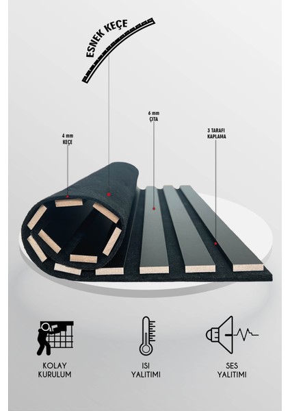 Mdf Ahşap Akustik Duvar Paneli - 100 x 275 cm - Antrasit
