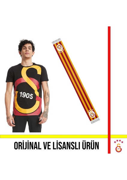 Lisanslı Siyah Büyük Logolu T-Shirt ve Çubuklu Atkı