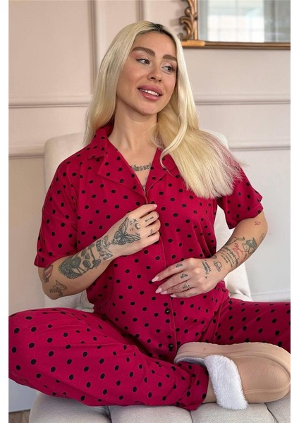 Bordo Chic Polka Desenli Bambu Önden Düğmeli Kısa Kol Pijama Takımı