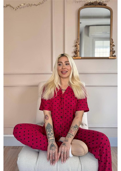 Bordo Chic Polka Desenli Bambu Önden Düğmeli Kısa Kol Pijama Takımı