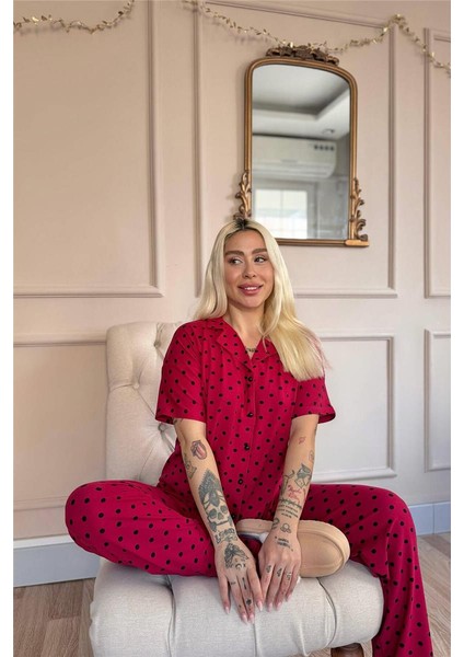 Bordo Chic Polka Desenli Bambu Önden Düğmeli Kısa Kol Pijama Takımı