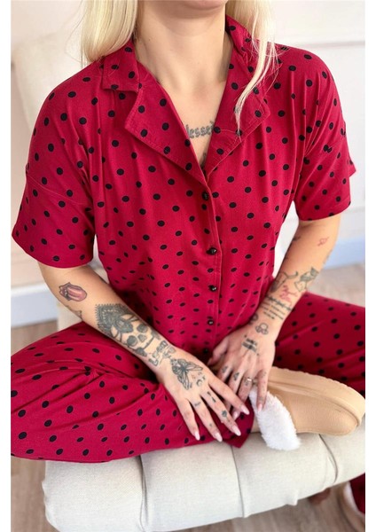 Bordo Chic Polka Desenli Bambu Önden Düğmeli Kısa Kol Pijama Takımı