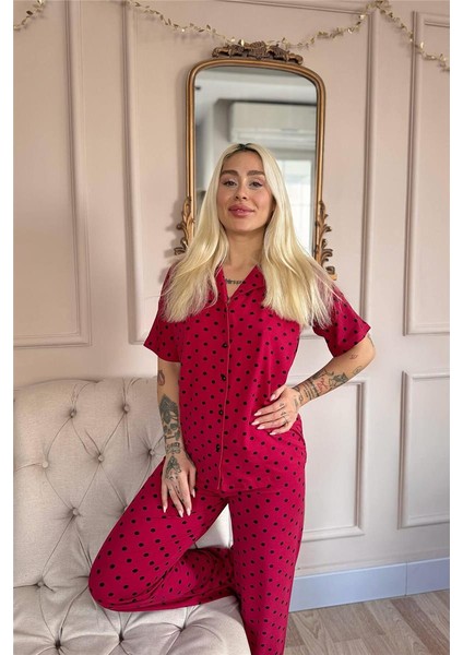 Bordo Chic Polka Desenli Bambu Önden Düğmeli Kısa Kol Pijama Takımı