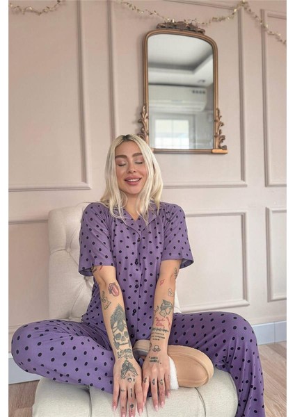 Mor Chic Polka Desenli Bambu Önden Düğmeli Kısa Kol Pijama Takımı fırsatları