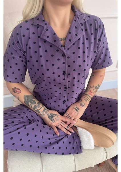 Mor Chic Polka Desenli Bambu Önden Düğmeli Kısa Kol Pijama Takımı indirimleri