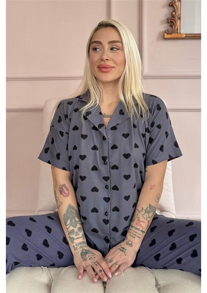 Füme Berry Love Desenli Bambu Önden Düğmeli Kısa Kol Pijama Takımı