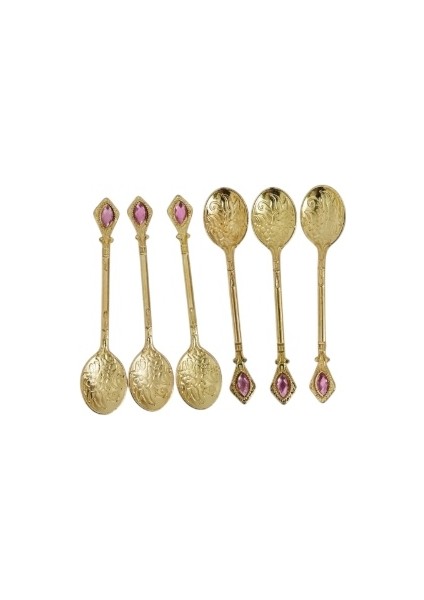 Vintage 6'lı Gold Döküm Çay Kahve Reçel Baharat Pembe Taşlı Sunum Kaşığı