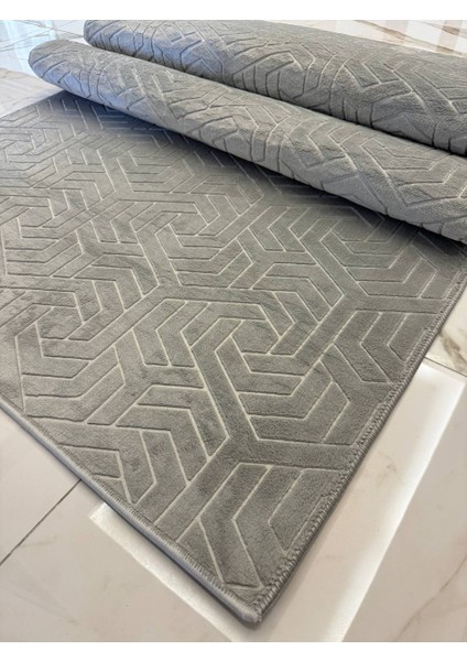 Kaymaz Tabanlı Yıkanabilir Jel Kesme Halı Yolluk Kabartmalı Gri Renk Armoni Model