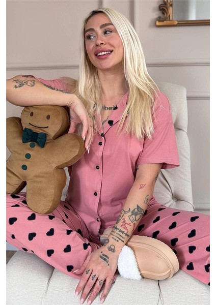 Somon Soft Charm Desenli Bambu Önden Düğmeli Kısa Kol Pijama Takımı
