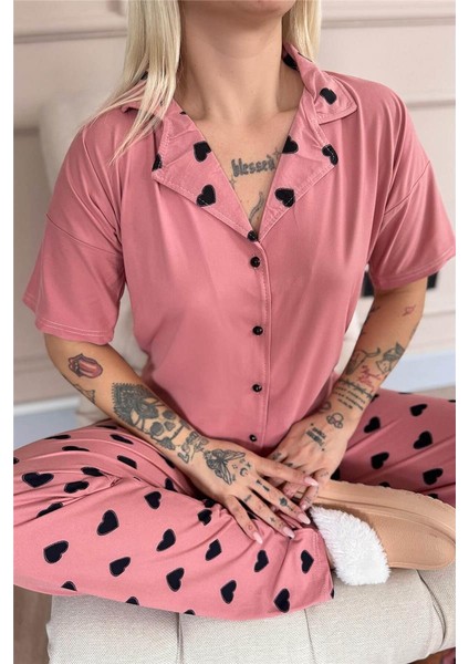 Somon Soft Charm Desenli Bambu Önden Düğmeli Kısa Kol Pijama Takımı indirimleri