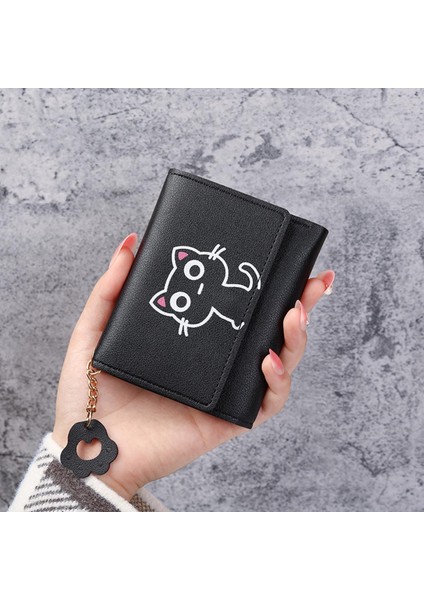 Bayan Sevimli Kedi Pu Deri Cüzdan Püskül Basit Öğrenci Kadın Çanta Debriyaj Kadın Üç Katlı Küçük Cüzdan Kawaii Mini Kart Tutucu (Yurt Dışından)