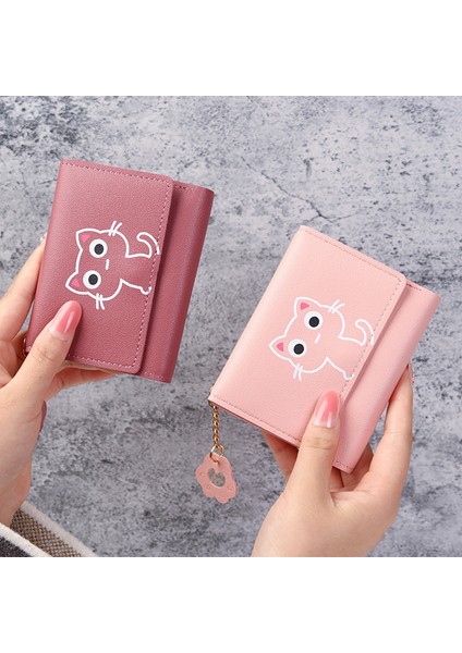 Bayan Sevimli Kedi Pu Deri Cüzdan Püskül Basit Öğrenci Kadın Çanta Debriyaj Kadın Üç Katlı Küçük Cüzdan Kawaii Mini Kart Tutucu (Yurt Dışından)