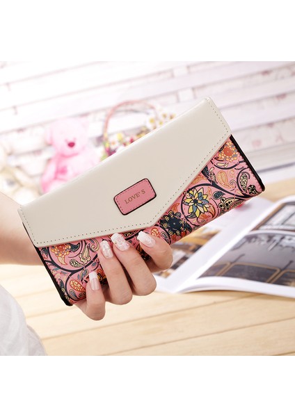 Bileklik Moda Zarf Kadın Cüzdan Hit Renk 3 Kat Çiçek Baskı Pu Deri Cüzdan Uzun Bayanlar Debriyaj Para Telefon Çanta (Yurt Dışından)