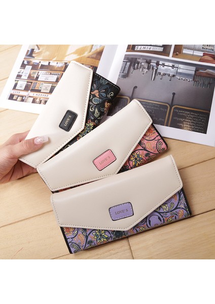 Bileklik Moda Zarf Kadın Cüzdan Hit Renk 3 Kat Çiçek Baskı Pu Deri Cüzdan Uzun Bayanlar Debriyaj Para Telefon Çanta (Yurt Dışından)
