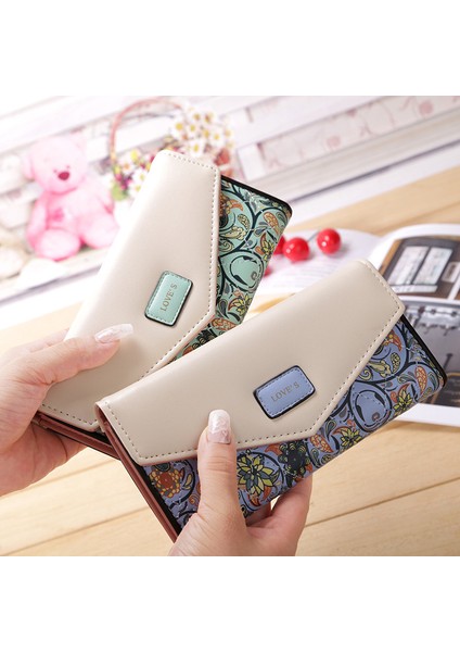 Bileklik Moda Zarf Kadın Cüzdan Hit Renk 3 Kat Çiçek Baskı Pu Deri Cüzdan Uzun Bayanlar Debriyaj Para Telefon Çanta (Yurt Dışından)