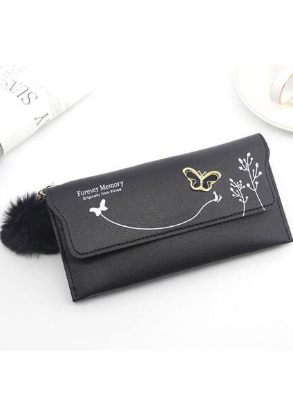 2022 Yeni Moda Yeni Kadın Uzun Cüzdan Saf Renk Yün Topu Yay El Çantası Kadın Uzun Çanta Kart Çantası Bozuk Para Cüzdanı (Yurt Dışından)