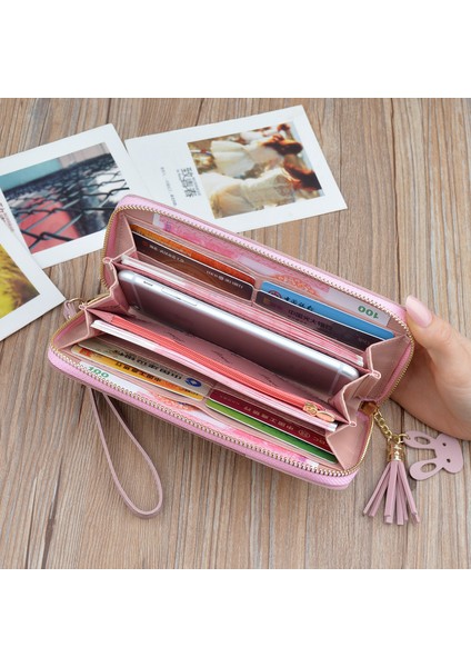 Kadın Cüzdan Fermuarlı Pembe Telefon Cebi Çanta Kart Tutucu Patchwork Kadın Uzun Cüzdan Bayan Püskül Kısa Bozuk Para Cüzdanı (Yurt Dışından)