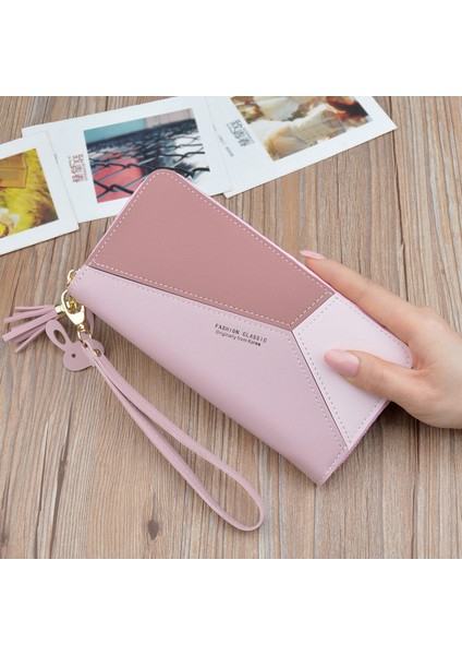 Kadın Cüzdan Fermuarlı Pembe Telefon Cebi Çanta Kart Tutucu Patchwork Kadın Uzun Cüzdan Bayan Püskül Kısa Bozuk Para Cüzdanı (Yurt Dışından)