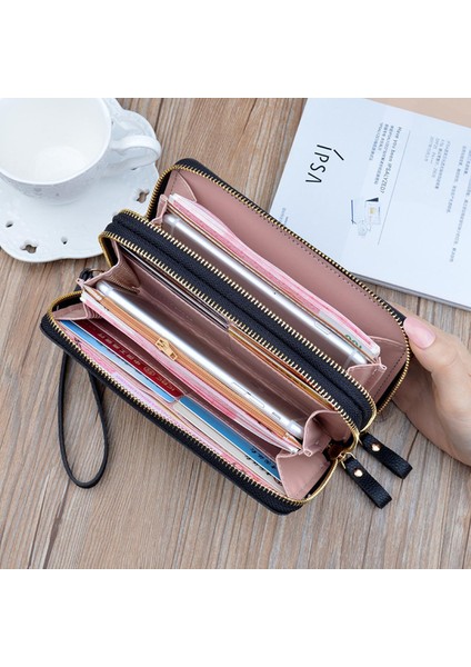 Kadın Cüzdan Pu Deri Kırmızı/mavi/pembe/siyah Kart Tutucu Çift Fermuarlı Uzun Kadın Cüzdan Renk Eşleştirme Cep Telefonu Çantası Bayan 2022 (Yurt Dışından)