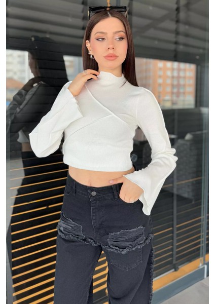 Dik Yaka Fitilli Kadın Crop Top Bluz