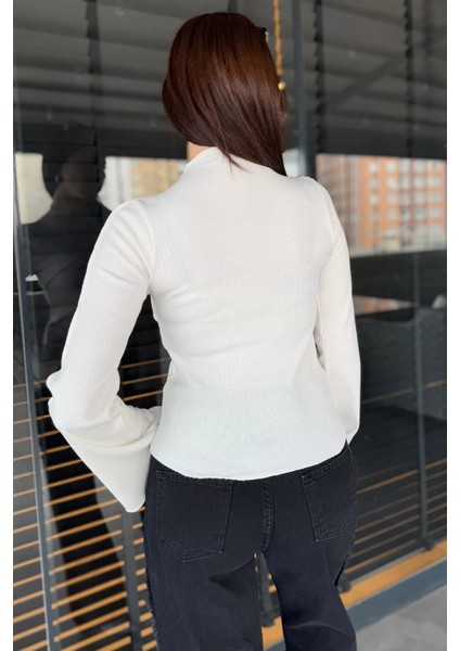 Dik Yaka Fitilli Kadın Crop Top Bluz