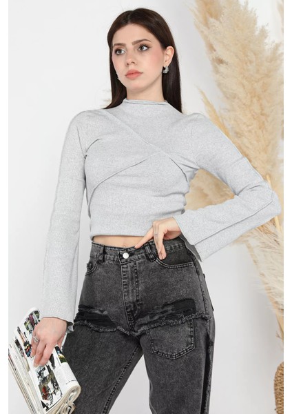 Dik Yaka Fitilli Kadın Crop Top Bluz