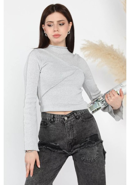 Dik Yaka Fitilli Kadın Crop Top Bluz