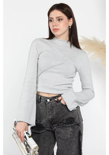 Dik Yaka Fitilli Kadın Crop Top Bluz