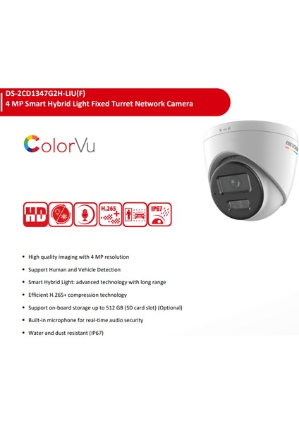 Hikvision DS-2CD1347G2H-LIUF 4 Mp Colorvu With Smart Hybrid Light 2.8 mm Sabit Lens Dome Ip Camera