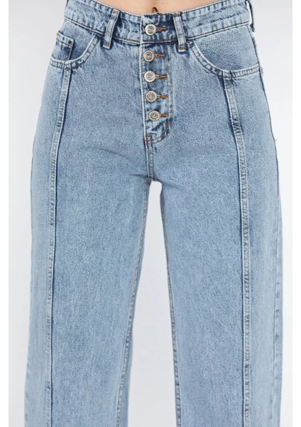 Ön Detaylı Kadın Bol Paça Mom Jean Kot Pantolon