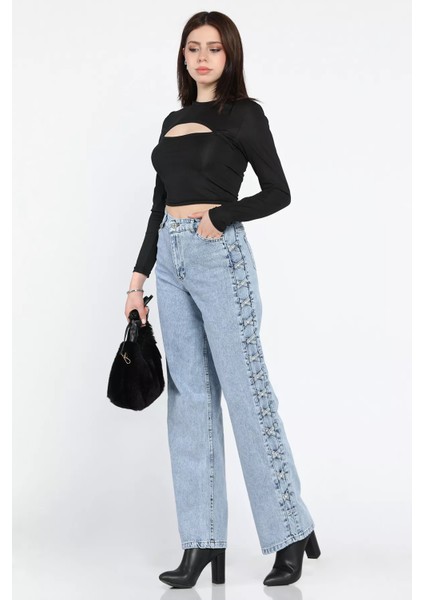 Taş Detaylı Yüksek Bel Bol Paça Kadın Jean Kot Pantolon