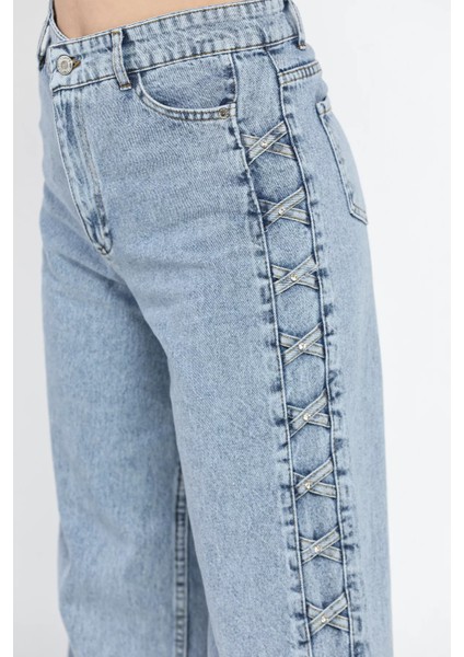 Taş Detaylı Yüksek Bel Bol Paça Kadın Jean Kot Pantolon fırsatları