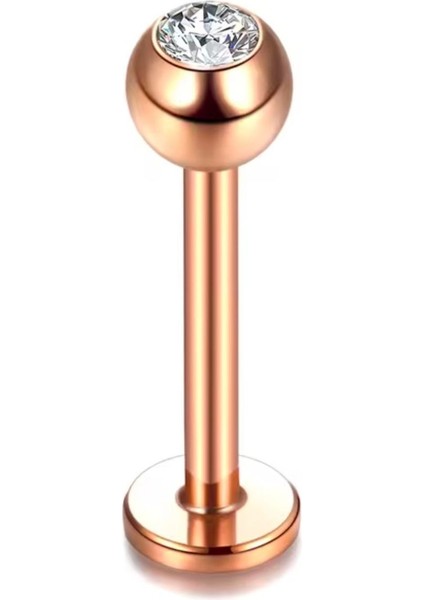 Cerrahi Çelik Minik Zirkon Taşlı Rosegold Labret Piercing -Bar Kalınlığı 1,2mm-Top Çapı 3mm-1 Adet