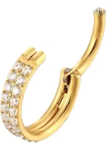316 L Cerrahi Çelik Çift Zirkon Taşlı, Kilitli Halka Piercing-Çap 8mm- 1 Adet