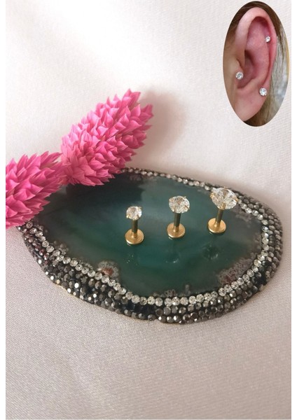 Cerrahi Çelik Tek Taş Piercing Set- Taş Çapı 3mm,4mm, 5mm-3 Adet