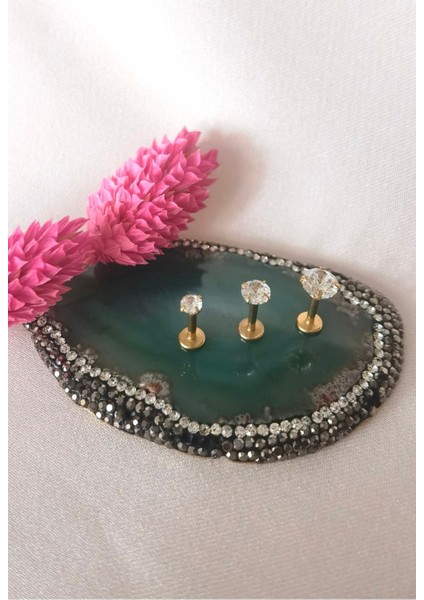 Cerrahi Çelik Tek Taş Piercing Set- Taş Çapı 3mm,4mm, 5mm-3 Adet modelleri