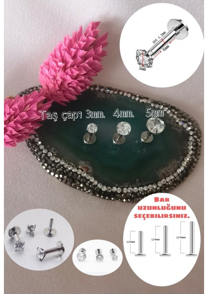 Cerrahi Çelik Tek Taş Piercing Set- Taş Çapı 3mm,4mm, 5mm-3 Adet indirimleri