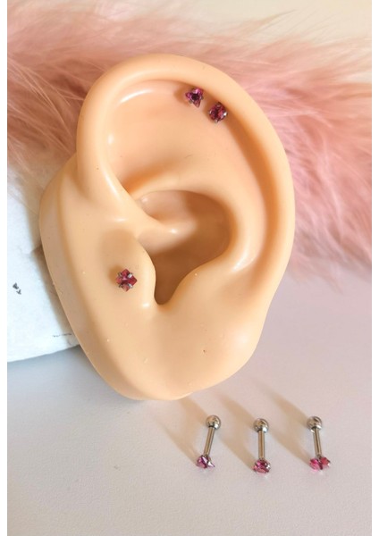 Cerrahi Çelik Renkli Tek Taş Piercing Set (Taş Çapı 3mm, Bar Uzunluğu 6mm) - 3 Adet