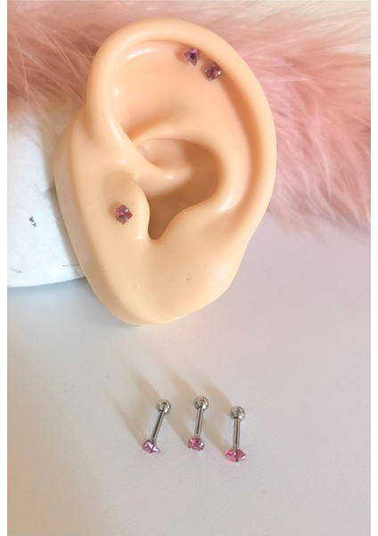 Cerrahi Çelik Renkli Tek Taş Piercing Set (Taş Çapı 3mm, Bar Uzunluğu 6mm) - 3 Adet