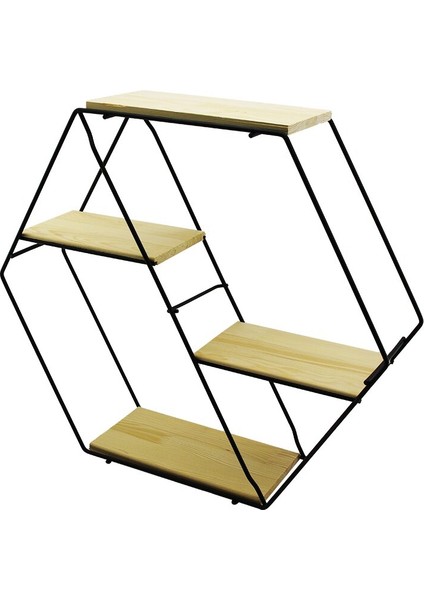 Petek - 4 Katlı Metal Iskeletli - Ahşap Raflı Dekoratif Raf 60 x 14 x 53 cm (4767)